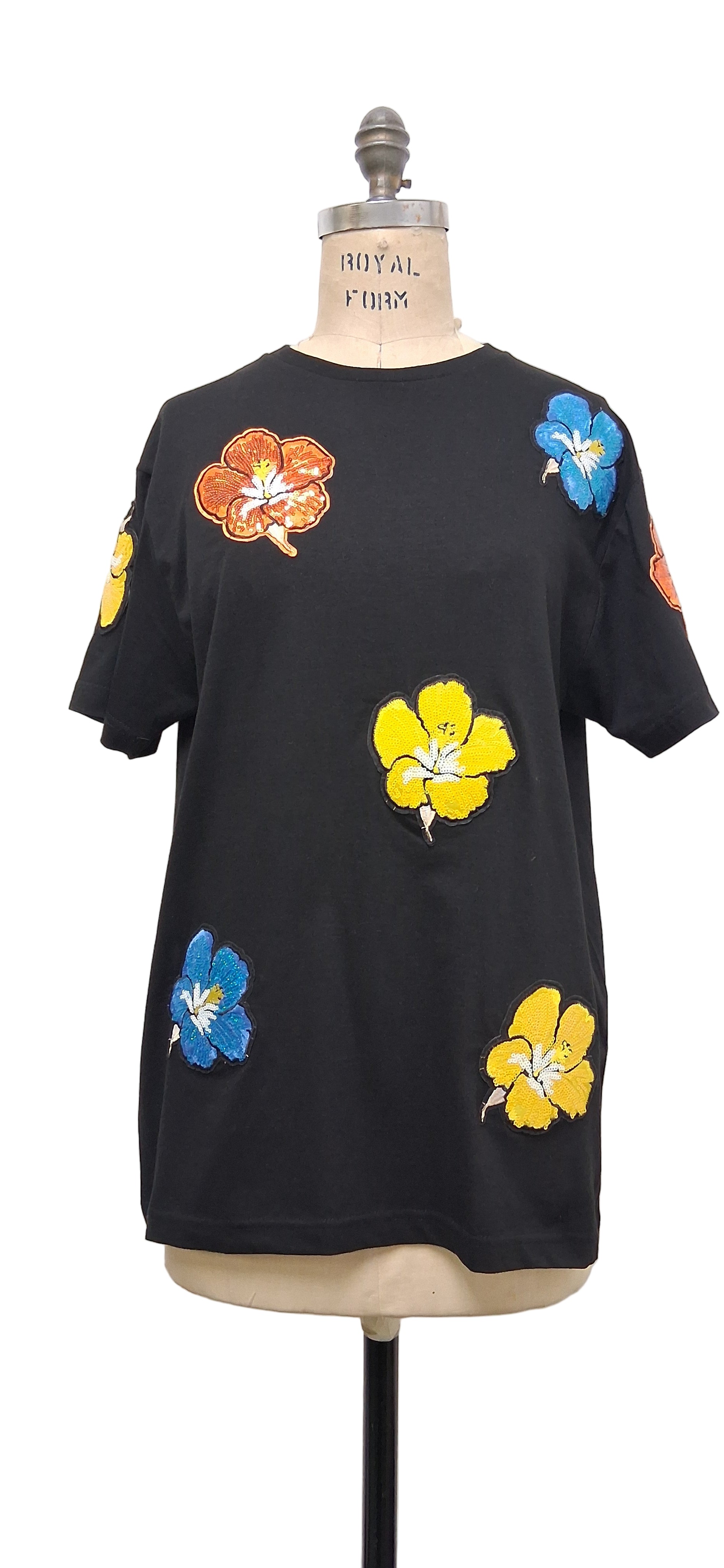 Blue, Orange, & Yellow Hibiscus Sequence Black T-Shirt