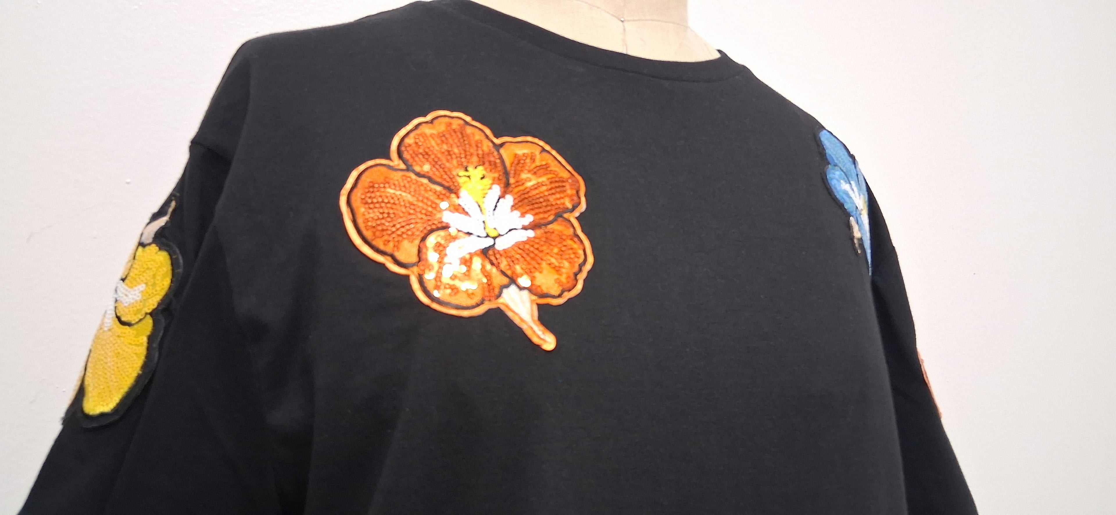 Blue, Orange, & Yellow Hibiscus Sequence Black T-Shirt