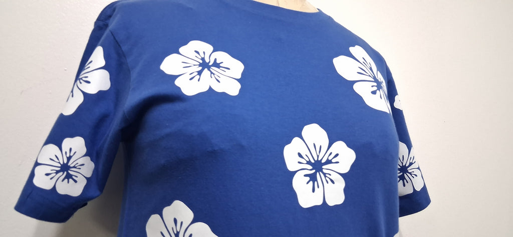 White Hibiscus Blue T-shirt