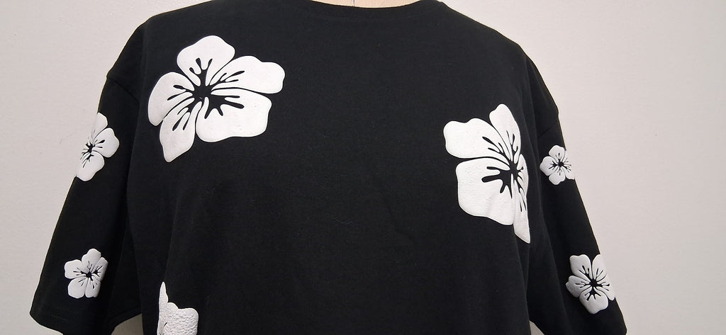 White Hibiscus Black T-shirt